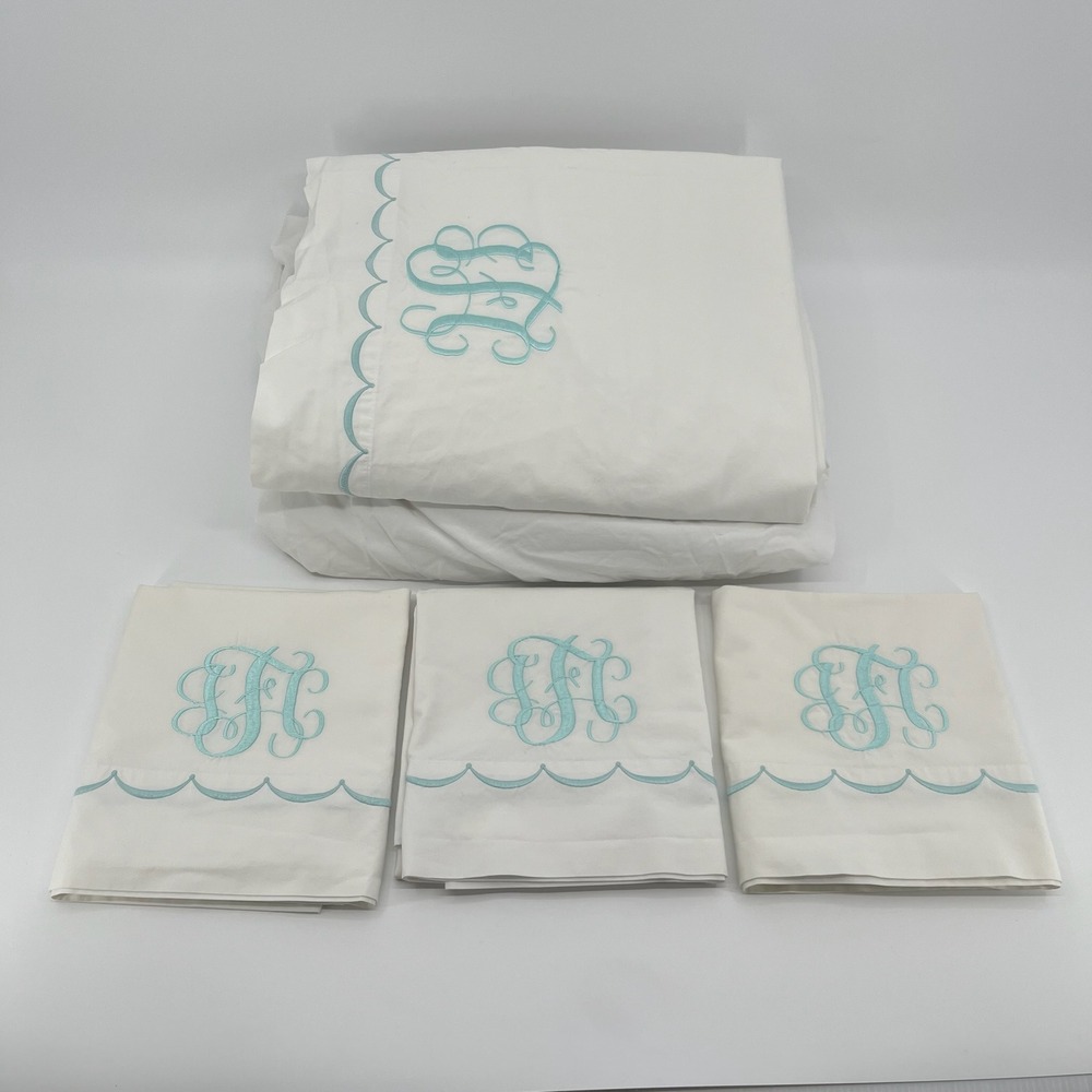Garnet Hill Signature Scallop Sheet SET King Pima Cotton Monogram JCF 5 Piece